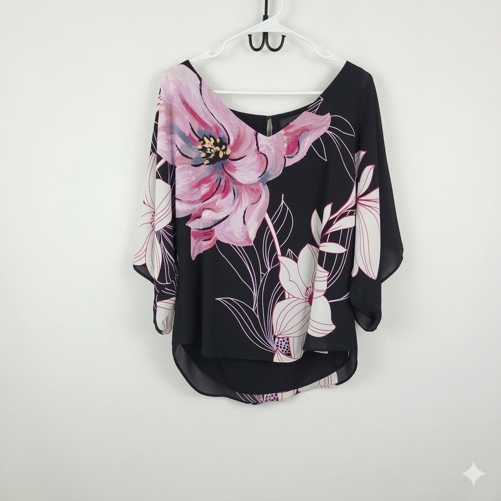 White House Black Market Black Blouse with Pink Floral Print Womens Meduim #261